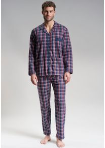 G&ouml;tzburg Pyjama G&Ouml;TZBURG "Clubhouse", Herren, Gr. 50 (M), blau (blau, dunkel, karo), Popeline, Obermaterial: 100% Baumwolle, kariert, bequem lang, V-Ausschnitt, ohne B&uuml;ndchen, Homewear-Sets Pyjama, Langarm, V-Ausschnitt, mit Kragen, lange Hose, locker, Baumwolle