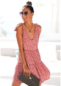 Beach Time Druckkleid BEACHTIME, Damen, Gr. 40, N-Gr, wei&szlig; (rot, wei&szlig;, bedruckt), Jersey, Obermaterial: 100% Viskose, bedruckt, figurumspielend kniefrei, V-Ausschnitt, Kleider Druckkleid, mit modischen Volants, lockere Passform, Sommerleid, Strandkleid