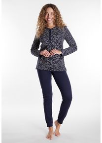 G&ouml;tzburg Schlafanzug G&Ouml;TZBURG "Marseille", Damen, Gr. 44 (XXL), blau (blau, dunkel, punkte), Single Jersey, Obermaterial: 100% Baumwolle, gepunktet, unifarben, bequem lang, Rundhals, Homewear-Sets Schlafanzug, Langarm, Oberteil gemustert, Rundhalsausschnitt, Baumwolle