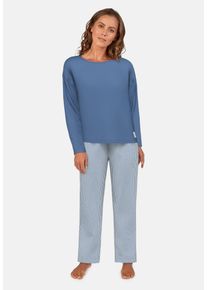 Pyjama Tom Tailor "Positivism", Damen, Gr. 46 (XXXL), blau (blau, mittel, streifen), Popeline, Obermaterial: 95% Baumwolle, 5% Elasthan, gestreift, unifarben, bequem lang, Rundhals, Homewear-Sets Pyjama, Streifendesign, Langarm, Rundhalsausschnitt, lange Hose, Baumwollmix