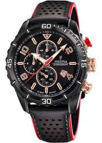 Chronograph Festina, schwarz (schwarz, rot), Armbanduhren, Herren, Chronograph, Armbanduhr, Quarzuhr, Herrenuhr, Stoppfunktion, Lederarmband