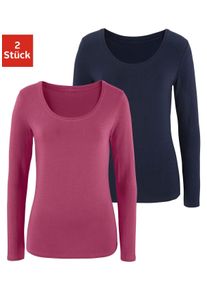 Langarmshirt Vivance "aus elastischer Baumwoll-Qualit&auml;t", Damen, Gr. 48/50, transparent (beere, navy), Single Jersey, Obermaterial: 95% Baumwolle, 5% Elasthan, unifarben, Basic, bequem normal, tiefer Rundhals, Shirts Langarmshirt, Topseller