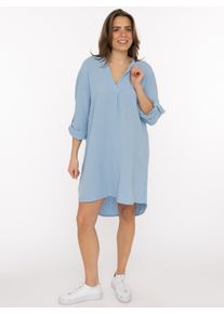 Schlupfbluse Zwillingsherz "Rom", Damen, hellblau, Web, Obermaterial: 100% Baumwolle, unifarben, ca. Mitte Oberschenkel, tiefer V-Ausschnitt, Krempel&auml;rmel 1-Knopf-Manschette, Blusen Schlupfbluse, verl&auml;ngerte R&uuml;ckenpartie, V-Neck, Turn-Up &Auml;rmel, Musselin