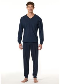 Pyjama Schiesser "Comfort Essentials", Damen, Gr. 64, blau (804, blau), Single Jersey, Obermaterial: 100% Baumwolle, bequem lang, V-Ausschnitt, Homewear-Sets Pyjama, V-Ausschnitt, Brusttasche, Baumwolle, Langarm
