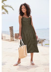 Sommerkleid Lascana, Damen, Gr. 42, N-Gr, gr&uuml;n (khaki), Web, Obermaterial: 58% Viskose, 28% Baumwolle, 14% Leinen, unifarben, figurumspielend Midi, V-Ausschnitt, Kleider Sommerkleid, aus Leinenmix mit Baumwolle, Midikleid, Strandkleid