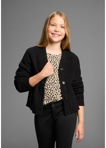 Strickjacke Kidsworld "Strickjacke Basic-Style", M&auml;dchen, Gr. 128/134, schwarz, Feinstrick, Obermaterial: 100% Polyacryl, unifarben, Basic h&uuml;ftlang, V-Ausschnitt, Rippb&uuml;ndchen, Strickjacken Strickjacke, Strickjacke, toll zu allem zu kombinieren