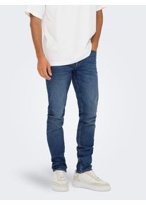 Only & Sons Slim-fit-Jeans ONLY & SONS "ONSLOOM SLIM 5748 EY BOX JEANS MU", Herren, Gr. 29, L&auml;nge 30, medium blau denim, Denim/Jeans, Obermaterial: 65% Baumwolle, 18% Polyester, 15% Viskose, 2% Elasthan, Abriebeffekte, slim fit lang, Jeans Slim-fit-Jeans, Baumwollmischung, slim fit