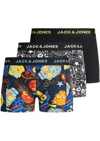 Jack & Jones Trunk JACK & JONES JUNIOR "JACSUGAR bequem, elastisch, stylisch, 3er Pack", Jungen, Gr. 164, 3 Stk., schwarz, Jersey, Obermaterial: 95% Baumwolle, 5% Elasthan, bedruckt, normal, Unterhosen Trunk, bedruckt, modisch, regular fit, Rundhals
