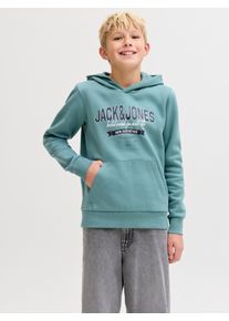 Jack & Jones Kapuzensweatshirt JACK & JONES JUNIOR "JJELOGO SWEAT HOOD 2 COL AW25 NOOS JNR", Jungen, Gr. 176, mineral blau, angeraute Sweatware, Obermaterial: 70% Baumwolle, 30% Polyester, bedruckt, regular fit normal, ohne Ausschnitt, Rippb&uuml;ndchen, Sweatshirts Kapuzensweatshirt