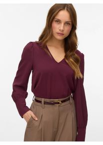 V&eacute;ro Moda Langarmbluse VERO MODA "VMESME LS V-NECK TOP WVN GA", Damen, Gr. XS, winetasting, Web, Obermaterial: 100% Polyester, unifarben, regular fit normal, V-Ausschnitt, Puff&auml;rmel lange Manschette, Blusen Langarmbluse