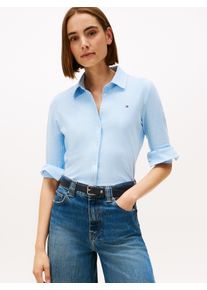 Poloshirt Tommy Hilfiger "1985 SLIM PIQUE BTN DOWN LS mit Polokragen und Label", Damen, Gr. L (40), blau (ithaca stp, vessel blau), Single Jersey, Obermaterial: 96% Baumwolle, 4% Elasthan, unifarben, slim fit normal, Rundhals, Shirts Poloshirt, Baumwollmischung, slim fit