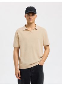 Poloshirt Selected "SLHMATTIS SS KNIT SUN OPEN POLO NOOS", Herren, Gr. XL, beige (oatmeal), Strick, Obermaterial: 65% Baumwolle, 35% Leinen, unifarben, regular fit normal, ohne Ausschnitt, B&uuml;ndchen, Shirts Poloshirt
