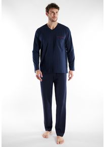 G&ouml;tzburg Schlafanzug G&Ouml;TZBURG "Kos", Herren, Gr. 48S, blau, dunkel, minimal, Single Jersey, Obermaterial: 60% Baumwolle, 40% Polyester, bequem lang, V-Ausschnitt, Homewear-Sets Schlafanzug, mit Brusttasche, V-Ausschnitt und langen &Auml;rmeln
