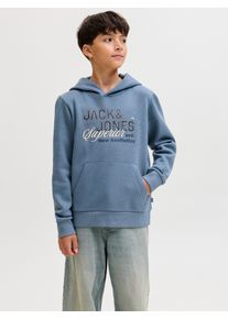 Jack & Jones Kapuzensweatshirt JACK & JONES JUNIOR "JJELOGO SWEAT HOOD 2 COL AW25 NOOS JNR", Jungen, Gr. 176, blau mirage, angeraute Sweatware, Obermaterial: 70% Baumwolle, 30% Polyester, bedruckt, regular fit normal, ohne Ausschnitt, Rippb&uuml;ndchen, Sweatshirts Kapuzensweatshirt