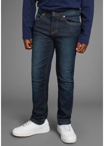 Stretch-Jeans DELMAO "Straight-fit Jeans f&uuml;r Jungen", Herren, Gr. 164, N-Gr, blau (schwarz denim), Denim/Jeans, Obermaterial: 58% Baumwolle, 40% Polyester, 2% Elasthan, comfort fit lang, Jeans Stretch-Jeans, elastisches Material, Used-Look-Waschung, niedrige Leibh&ouml;he