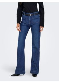Bootcut-Jeans Only "ONLMADISON HW POCKET FL DNM GEN533 NOOS", Damen, Gr. 26, L&auml;nge 32, dunkelblau denim, Denim/Jeans, Obermaterial: 90% Baumwolle, 8% Polyester, 2% Elasthan, unifarben, lang, Jeans Bootcut-Jeans, hohe Leibh&ouml;he, aufgesetzte Eingrifftaschen, ausgestellte Beinform