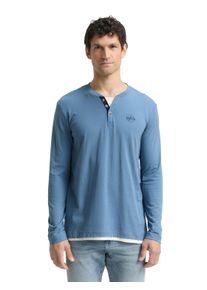 Langarmshirt Tom Tailor, Herren, Gr. L, faded uniform blau, Single Jersey, Obermaterial: 100% Baumwolle, kontrastfarbene Details, unifarben, regular fit normal, Serafino, B&uuml;ndchen kontrastfarben, Shirts Langarmshirt, mit Logo Print