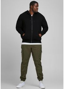 Jack & Jones PlusSize Kapuzensweatjacke "BASIC SWEAT ZIP HOOD", Herren, Gr. 5XL, schwarz, angeraute Sweatware, Obermaterial: 85% Baumwolle, 15% Polyester, JACK & JONES PLUSSIZE, unifarben, Basic, normal normal, ohne Ausschnitt, B&uuml;ndchen, Sweatjacken Kapuzensweatjacke, bis Gr&ouml;&szlig;e 6XL, Topseller