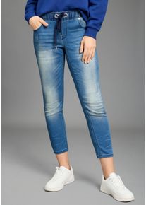 Jogg Pants Kangaroos "7/8 JOGG-DENIM", Damen, Gr. 46, N-Gr, blau (blau used), Jersey, Obermaterial: 59% Alpaka, 40% Polyester, 1% Elasthan, Abriebeffekte, Basic, bequem 7/8-L&auml;nge, Jeans Jogg Pants, weites Bein, mit Used-Waschung, hohe Leibh&ouml;he, 7/8-L&auml;nge