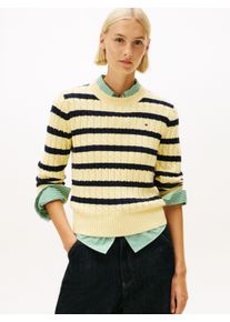 Rundhalspullover Tommy Hilfiger "CO CABLE MID GG C-NK LS SWT", Damen, Gr. L (40), zesty gelb, schwarz n navy stp, Strick, Obermaterial: 100% Baumwolle, gestreift, regular fit normal, Rundhals, Rippb&uuml;ndchen, Pullover Rundhalspullover, mit Zopfmuster