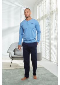 Pyjama AUTHENTIC LE JOGGER "Schlafanzug f&uuml;r Herren", Herren, Gr. 44/46, blau (blau, meliert, marine), Jersey, Obermaterial: 100% Baumwolle, unifarben, Basic, bequem lang, Rundhals, angesetztes B&uuml;ndchen, Homewear-Sets Pyjama, mit Knopfleiste