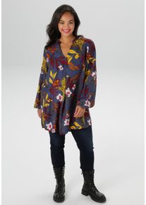 Schlupfbluse ANISTON PLUS, Damen, Gr. 54, bunt (blau, gelb, bordeaux, sanftes wei&szlig;), Obermaterial: 100% Viskose, bedruckt, gebl&uuml;mt, l&auml;ssig geschnitten Po-bedeckend, V-Ausschnitt, mit Gummizug, Blusen Schlupfbluse, aus weich fallender Viskose, Topseller