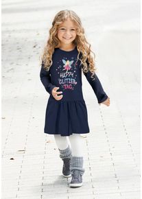 Jerseykleid Kidsworld "HAPPY GLITZER TAG", M&auml;dchen, Gr. 128/134, N-Gr, blau (marine), Jersey, Obermaterial: 95% Baumwolle, 5% Elasthan, bedruckt, ausgestellt kniefrei, Rundhals, abgesteppte Kante, Kleider Jerseykleid, kniefreie L&auml;nge, verspielter Look, aus Baumwollmischung