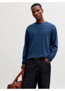 Jack & Jones Rundhalspullover JACK & JONES "JJESUMMER KNIT CREW NECK SN", Herren, Gr. M, navy blazer detail:melange, Strick, Obermaterial: 90% Baumwolle, 10% Leinen, meliert, regular fit taillenbedeckt, Rundhals, gerader Abschluss, Pullover Rundhalspullover, mit Rundhalsausschnitt