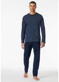 Schlafanzug Schiesser "Casual Essentials", Herren, Gr. 58, blau (801, admiral), Single Jersey, Obermaterial: 100% Baumwolle, gestreift, unifarben, bequem lang, Rundhals, Homewear-Sets Schlafanzug, mit Streifen