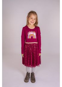 Jerseykleid happy girls, M&auml;dchen, Gr. 110, N-Gr, lila (berry), Single Jersey, Obermaterial: 95% Baumwolle, 5% Elasthan. Futter: 100% Baumwolle. Unterteil: 100% Polyester, Glitzermuster, bedruckt, regular fit kniebedeckend, Rundhals, Kleider Jerseykleid, mit T&uuml;llrock und hochwertiger Bl&uuml;tenapplikation auf dem Frontmotiv