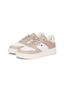 Plateausneaker Tommy Hilfiger "TH SPORTY CUPSOLE TUMBLED LTR", Damen, Gr. 40, taupe, wei&szlig;, gelb, Leder, Schuhe Plateausneaker, Freizeitschuh, Halbschuh, Schn&uuml;rschuh mit Kontrastbes&auml;tzen