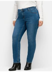 Stretch-Jeans sheego, Damen, Gr. 44, Normalgr&ouml;&szlig;en, blau (blau denim), 99% Baumwolle, 1% Elasthan, unifarben, lang, Jeans Stretch-Jeans