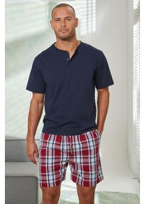 H.I.S. Pyjama H.I.S, Herren, Gr. 44/46 (S), bunt (marine, bordeaux), Jersey, Obermaterial: 100% Baumwolle, kariert, Basic, bequem kurz, Rundhals, abgesteppte Kante, Homewear-Sets Pyjama, Schlafanzug mit Webshorts, Topseller