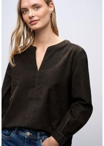 Langarmbluse Street One, Damen, Gr. 36, schwarzest braun, Web, Obermaterial: 100% Baumwolle, unifarben, regular fit normal, Rundhals, elastischer Bund, Blusen Langarmbluse, mit geschlitztem Rundhalsausschnitt