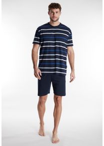 G&ouml;tzburg Shorty G&Ouml;TZBURG "Midtown", Herren, Gr. 48S, blau (blau, mittel, ringel), Single Jersey, Obermaterial: 60% Baumwolle, 40% Polyester, gestreift, unifarben, bequem kurz, Rundhals, Homewear-Sets Shorty, Kurzarm, Rundhalsausschnitt, gestreiftes Oberteil, weich, Baumwollmix