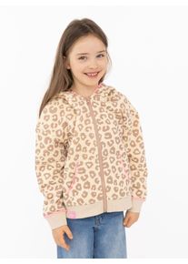 Kapuzensweatjacke Zwillingsherz "Soft Leo", M&auml;dchen, Gr. 122/128, beige, Sweatware, Obermaterial: 80% Polyester, 20% Baumwolle, Sweatjacken Kapuzensweatjacke, Mini-Me, mit Leo Muster, Zipper und Taschen