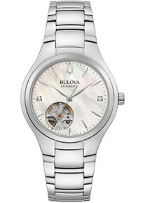 Automatikuhr Bulova, silber (silberfarben), Armbanduhren, Damen, Automatikuhr, Armbanduhr, Damenuhr, Edelstahlarmband, Perlmuttzifferblatt, Diamant