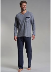G&ouml;tzburg Schlafanzug G&Ouml;TZBURG "Upper West", Herren, Gr. 54 (XL), blau (blau, mittel, melange), Single Jersey, Obermaterial: 60% Baumwolle, 40% Polyester, unifarben, bequem lang, V-Ausschnitt, Homewear-Sets Schlafanzug, Langarm, V-Ausschnitt, lange Hose, Baumwollmix, leicht, locker
