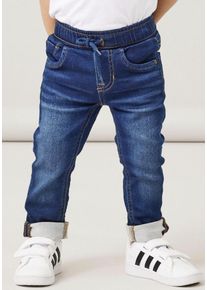 Schlupfjeans name it "NMMRYAN SLIM SWE JEANS 2472-TH NOOS", Jungen, Gr. 122, N-Gr, blau (dunkelblau denim), Denim/Jeans, Obermaterial: 70% Baumwolle, 27% Polyester, 3% Elasthan, unifarben, regular fit lang, Jeans Schlupfjeans, im Jogging Style