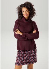 Strickpullover Aniston CASUAL, Damen, Gr. 44, rot (bordeaux), Strick, Obermaterial: 100% Polyacryl, Strukturmuster, unifarben, oversize h&uuml;ftlang, Umschlagbund, Pullover Strickpullover, in Streifen-Optik