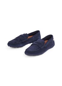Slipper Tommy Hilfiger "FLAG SOFT SUEDE DRIVER LOAFER", Damen, Gr. 36, blau (dunkelblau), Veloursleder, unifarben, Schuhe Slipper, Schlupfschuh, Bequemschuh, Mokassin, Flats mit modischen Zierriegel