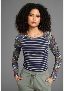 Langarmshirt Kangaroos, Damen, Gr. 36/38, blau (marine, bunt), Rippware, Obermaterial: 100% Baumwolle, bedruckt, gebl&uuml;mt, gemustert, geringelt, gestreift, mehrfarbig, k&ouml;rpernah h&uuml;ftlang, Rundhals, Raglan&auml;rmel, Shirts Langarmshirt, Muster Mix