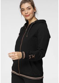 H.I.S. Kapuzensweatjacke H.I.S, Damen, Gr. 48/50, schwarz, Obermaterial: 95% Baumwolle, 5% Elasthan, figurumspielend h&uuml;ftbedeckend, Sweatjacken Kapuzensweatjacke, mit metallisch gl&auml;nzenden Details; Gro&szlig;e Gr&ouml;&szlig;e, Topseller