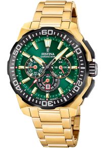 Chronograph Festina "Chrono Bike 2025", gold (goldfarben, dunkelgr&uuml;n), Armbanduhren, Damen, Chronograph, Quarzuhr, Armbanduhr, Herrenuhr, Edelstahlarmband, analog, Tag