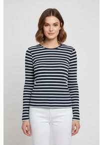 Langarmshirt Only "ONLBIRGITTE L/S O-NECK TOP JRS", Damen, Gr. XS, naval academy stripes:cloud dancer, Jersey, Obermaterial: 69% Viskose, 30% Polyester, 1% Elasthan, gestreift, regular fit, Rundhals, Shirts Langarmshirt