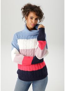 Strickpullover Aniston CASUAL, Damen, Gr. 34, blau (jeansblau, wollwei&szlig;, malve, pink, marine), Strick, Obermaterial: 100% Polyacryl, Zopfmuster, gestreift, l&auml;ssig geschnitten h&uuml;ftlang, Rippstrickb&uuml;ndchen, Pullover Strickpullover, in farbenfroher oder gedeckteren Farbkombination