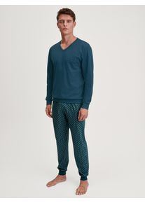 Schlafanzug Calida "Relax Imprint", Damen, Gr. XL (56), blau (deep petrol), Single Jersey, Obermaterial: 100% Baumwolle, bequem lang, V-Ausschnitt, angesetztes B&uuml;ndchen, Homewear-Sets Schlafanzug, Gemustertes Oberteil mit V-Ausschnitt