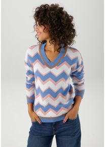 Strickpullover Aniston CASUAL, Damen, Gr. 34, gold (blau, altrosa, wei&szlig;, goldfarben), Strick, Obermaterial: 49% Viskose, 26% Polyamid, 24% Polyester, 1% metallisierte Fasern, Glanzfaden, Jacquardmuster, l&auml;ssig geschnitten h&uuml;ftlang, V-Ausschnitt, Rippstrickb&uuml;ndchen, Pullover Strickpullover, im interessantem Zick-Zack-Muster