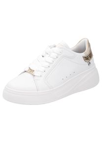 Plateausneaker RIEKER SPORT, Damen, Gr. 42, gold (wei&szlig;, goldfarben), Leder, Lederimitat, kontrastfarbene Details, Schuhe Plateausneaker, Schn&uuml;rschuh, Halbschuh, Freizeitschuh, Metallic-Akzent, schmale Form