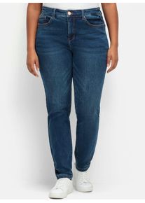 Stretch-Jeans sheego, Damen, Gr. 29, Kurzgr&ouml;&szlig;en, blau (dunkelblau denim), 96% Baumwolle, 4% Elasthan, unifarben, lang, Jeans Stretch-Jeans